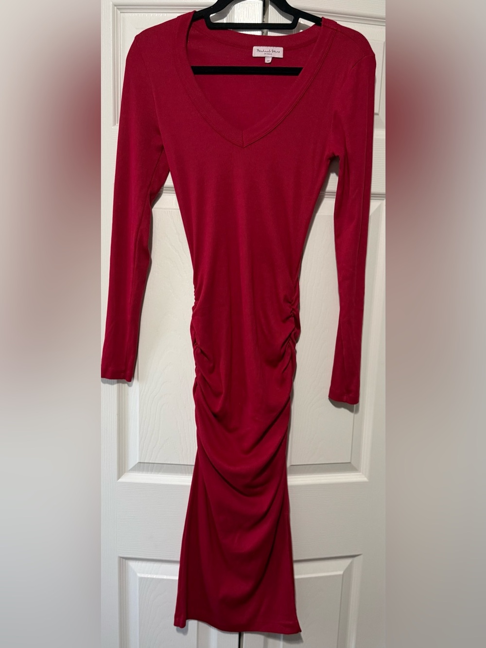 Michael Stars XS Red Ribbed Ruched Bodycon Maxi Dress Made in USA